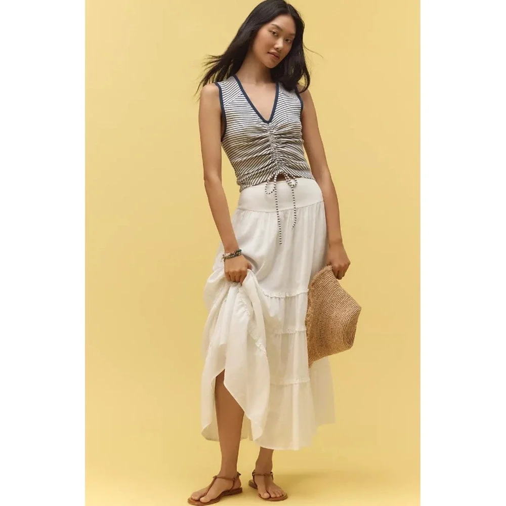 Pilcro Womens Navy White Striped Ruched Front Drawstring Ribbed Tank Top Size M - Picture 2 of 11
